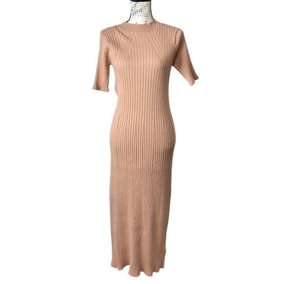 Varley Rib Knit Midi Dress Short Sleeve Beige Maeve Womens Size M - Picture 2 of 9
